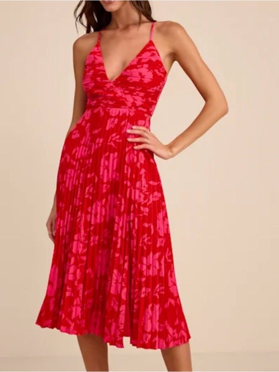 Lulus Dresses & Skirts - Lulu's Red and Pink Floral Pleated Midi Dress